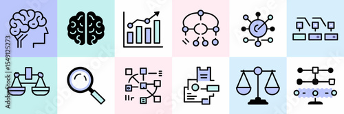 Modern icon sheet of data science and AI modeling symbols – Great for machine learning platforms, academic materials, or statistical analysis projects.
