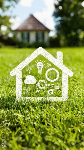 Home Concept with Technology Icons on Green Grass Background