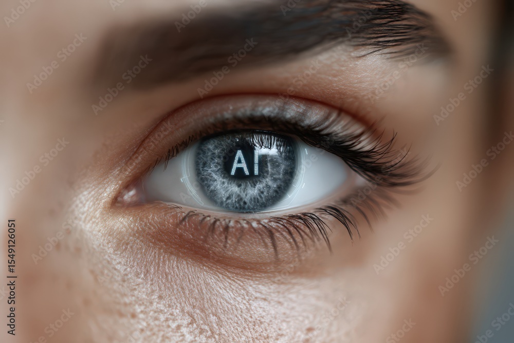 Obraz premium Close-up of a human eye reflecting AI technology showcasing digital innovation and intelligence with intricate details in the iris revealing future aspirations and modern advancements