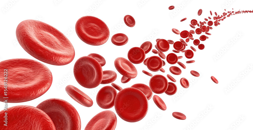 Fototapeta premium Detailed Visualization of Red Blood Cells Flowing in Human Circulatory System on Transparent Background