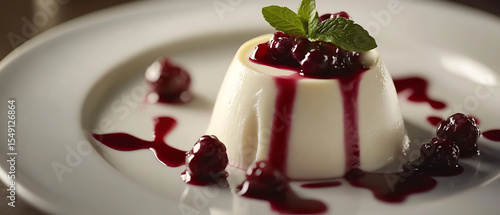 Fototapeta Naklejka Na Ścianę i Meble -  Elegant Panna Cotta with Berry Sauce and Mint Garnish