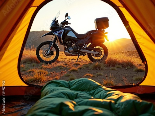 Adventure motorcycle at sunrise seen from inside a camping tent on a grassy hill