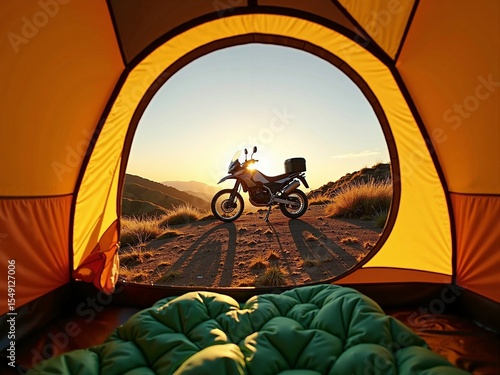 Adventure motorcycle at sunrise seen from inside a camping tent on a grassy hill