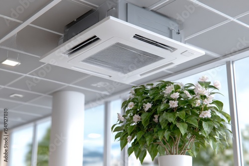 Modern office ceiling air conditioning unit with white floral indoor plant near large window in corporate workspace environment