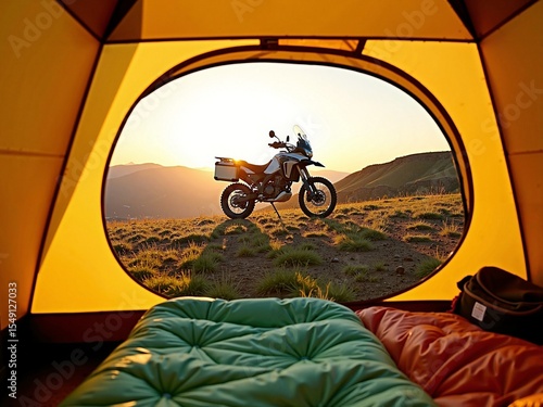 Adventure motorcycle at sunrise seen from inside a camping tent on a grassy hill
