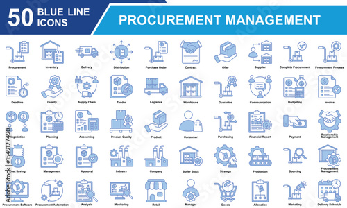 Procurement Management  Icon Set Collection. Containing Procurement, Management, Supply Chain, Purchasing, Sourcing, Inventory, Logistics, Allocation, Distributor. Simple Blue Line Vector Illustration