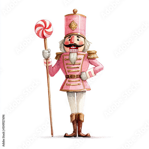 Watercolor Nutcracker Toy Soldier Holding a Lollipop in Pink Uniform