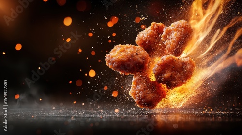 Fototapeta Naklejka Na Ścianę i Meble -  A vivid capture of crispy chicken nuggets bursting with flavor, surrounded by elements of fire and spice that bring the excitement and temptation of delicious food to life.