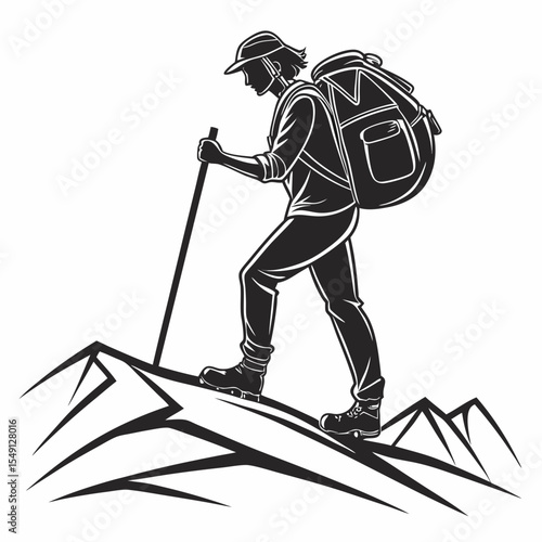  Mountain Hiker Vector – Adventurer Climbing with Backpack and Poles