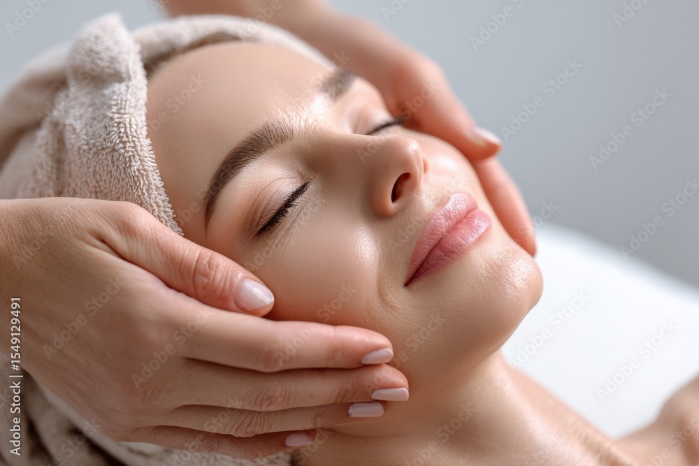 Relaxing woman receiving a facial massage with eye closed in a spa setting, close-up of tranquil facial skincare treatment for wellness or beauty therapy Relaxing woman receiving a facial massage with eye closed in a spa setting, close-up of tranquil facial skincare treatment for wellness or beauty therapy