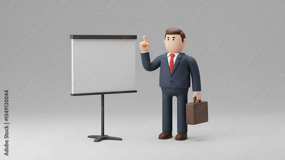 Businessman Pointing Upwards Near Whiteboard in Minimalist Office Scene Businessman Pointing Upwards Near Whiteboard in Minimalist Office Scene