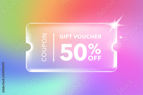 Transparency coupon on gradient background. Discount offer tag with shiny, glossy, reflective surface.