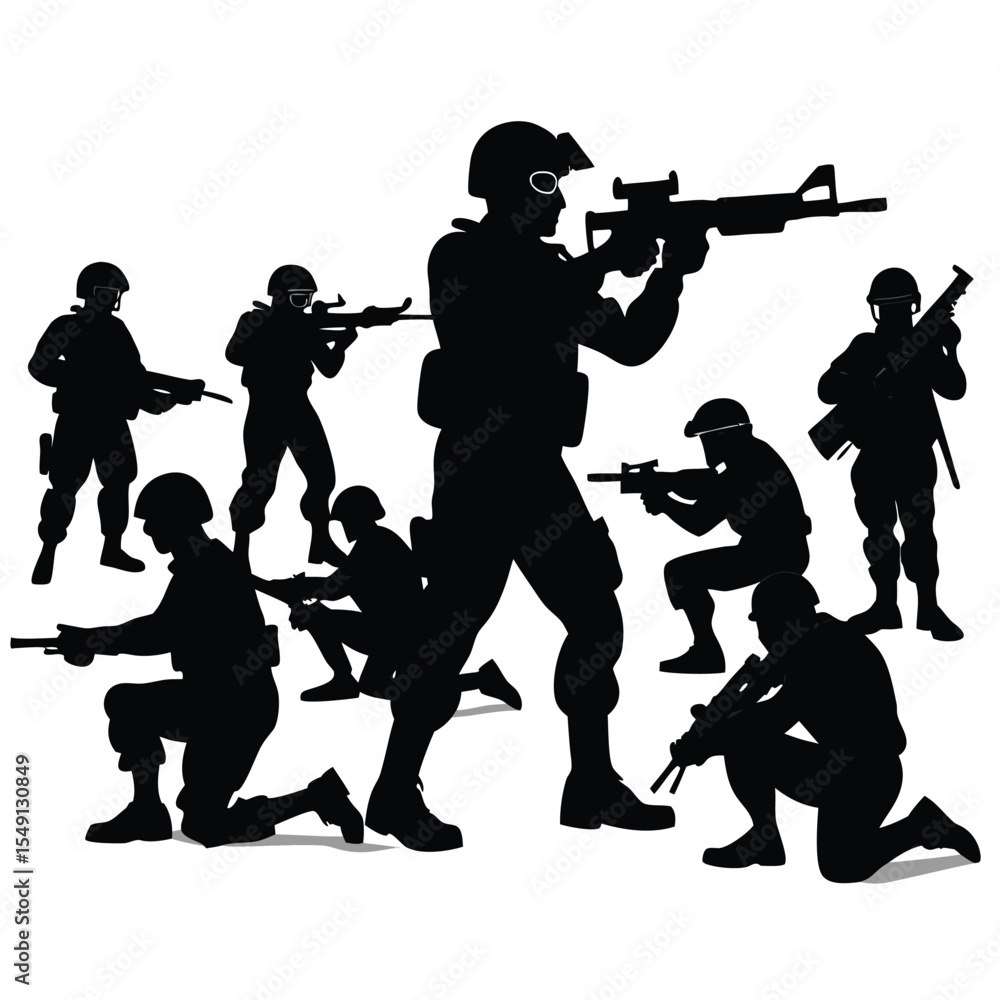 Obraz premium Silhouette group of soldiers in action armed with guns and ready for combat