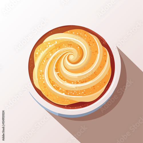 Crème Brûlée in a Whimsical Scene with Vibrant Swirl Motions All Around.