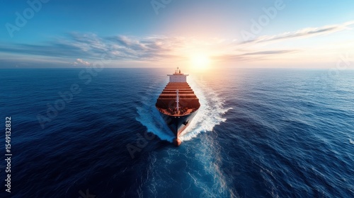 A stunning cargo ship navigates the tranquil sea as the sun sets on the horizon, painting the sky with vibrant colors and creating a picturesque maritime scene of adventure.