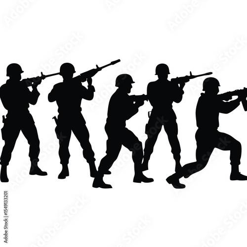 Silhouette illustration of soldiers in action posing with assault rifles for military concepts