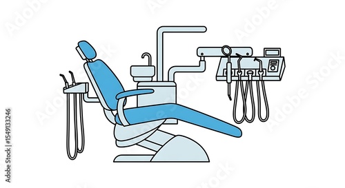 Detailed Illustration of a Modern Dental Chair and Equipment in Blue