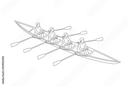 Line Drawing of a Four Person Rowing Team in a Boat