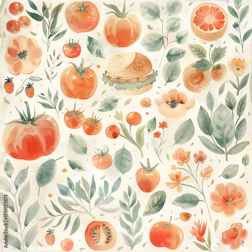 Watercolor Tomatoes and Burger Pattern: Fresh Food Illustration with a Artistic touch