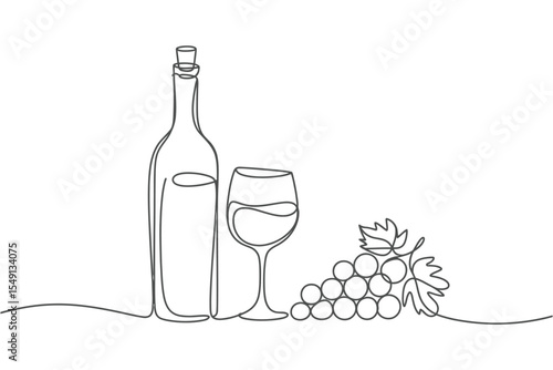 Minimalist Line Art Wine Bottle Glass and Grapes Illustration