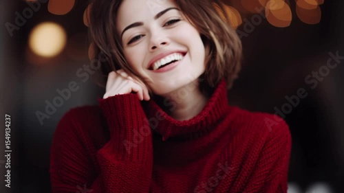 Wallpaper Mural Smiling woman in red sweater with hand near face and blurred background with bokeh lights behind her Torontodigital.ca