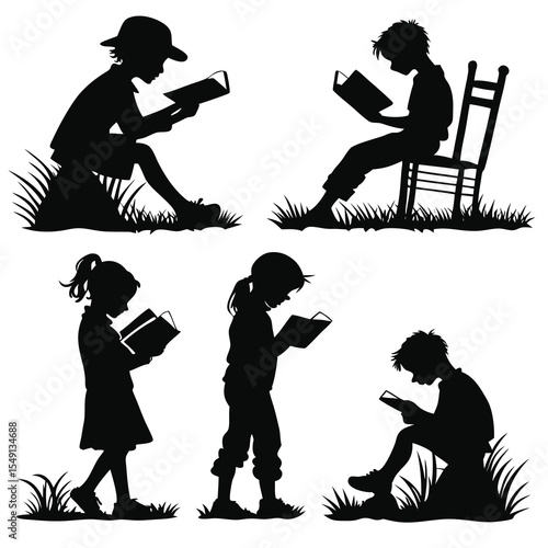 Silhouette illustrations of children reading books depicting education and quiet study time