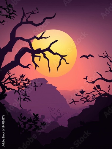 Dramatic Sunset Over Silhouetted Landscape with Barren Trees