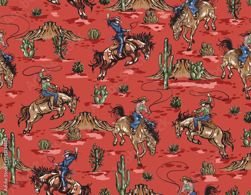 Stylish western Cowboys rodeo  seamless  from wild west rural Landscape mountain farm vector illustration