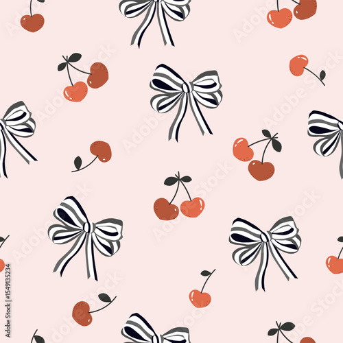 striped black white bows and heart shaped cherries  seamless pattern , vector , illustration