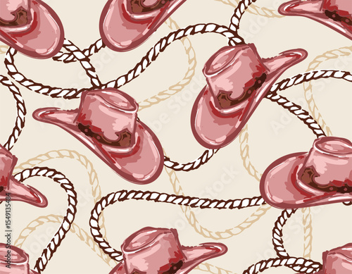 Cowboy and Cow girl seamless vector pattern. Howdy Cowboy boots, hat, horseshoe repeating background. Wild West surface pattern design for All fabric and Prints