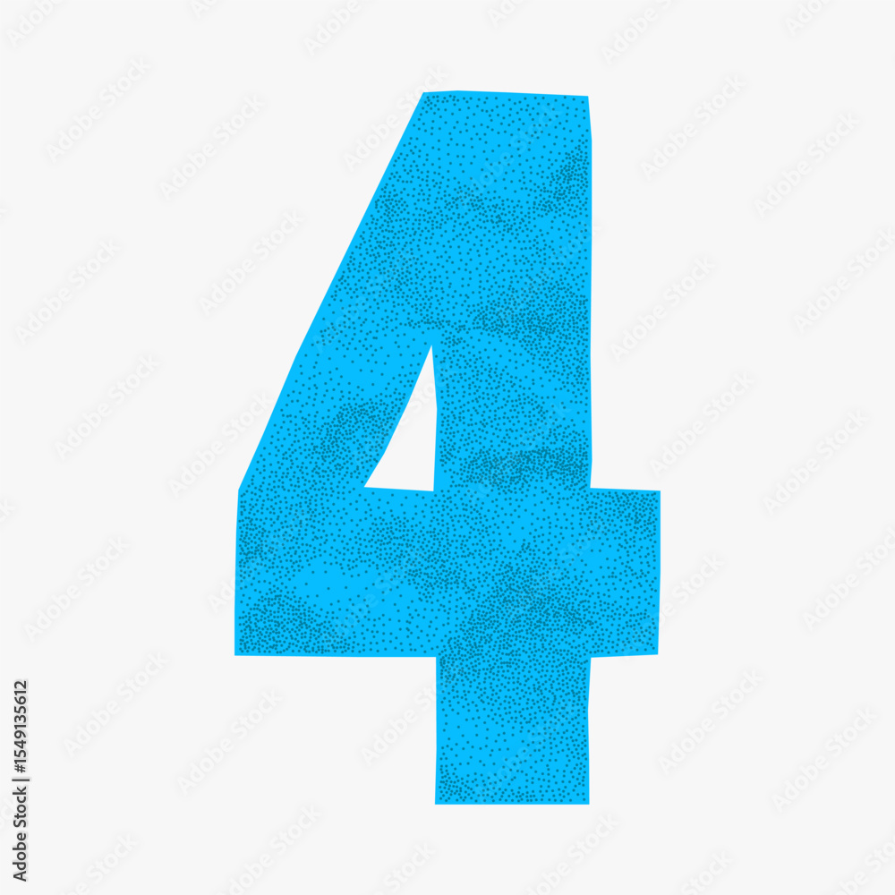 Obraz premium Blue number 4 with gritty crumpled surface and jagged collage edges. Cheerful and quirky cartoon digit in colorful school cutout style.