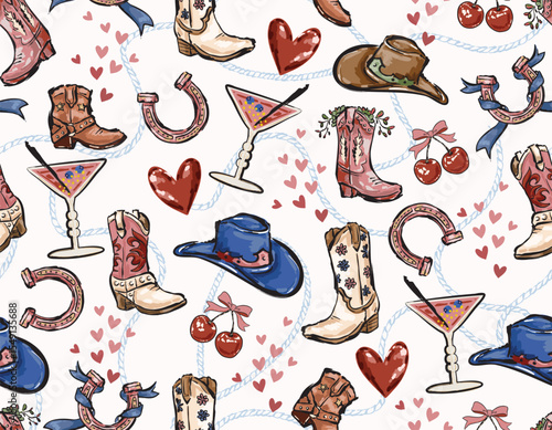 Cowboy and Cow girl seamless vector pattern. Howdy Cowboy boots, hat, horseshoe repeating background. Wild West surface pattern design for All fabric and Prints