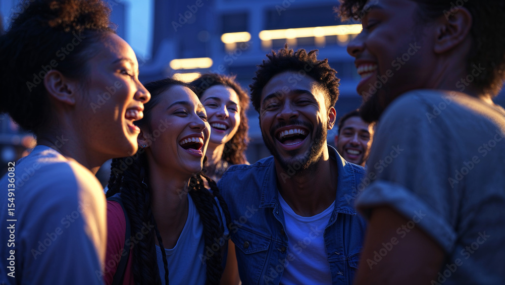 Obraz premium Diverse group of friends enjoying laughter together in an urban evening setting
