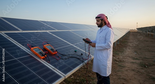 Arab Engineer Inspecting Solar Panels with Multimeters at Dusk
