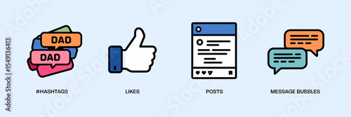 Vector icons for Father's Day social media including likes and hashtags