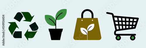 Flat vector icons of sustainable living arranged in a row – Ideal for eco-friendly shopping platforms, sustainability tips, or green tech UI
