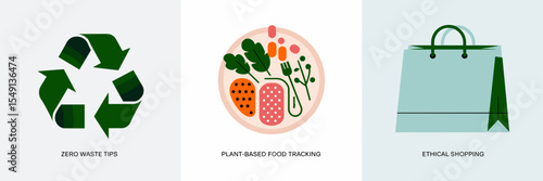 Flat icon set of sustainable living features with text labels – Great for educational posters, app guides, or environmental awareness tools