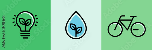 Vector icons of energy, water, and transport conservation – Perfect for sustainability apps, green lifestyle tools, or environmental platforms