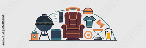 Vector illustration of classic dad icons with recliner chair in center