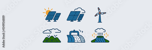 Vector icons of solar, wind, hydro, and geothermal energy – Perfect for green tech platforms, renewable energy awareness, or eco-friendly branding