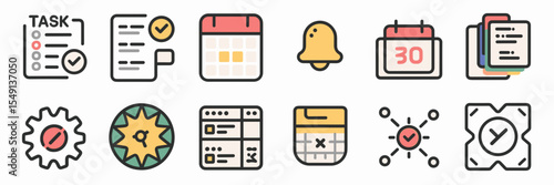 Vector icon sheet of productivity app tools in grid – Perfect for task managers, time organization apps, or digital planners