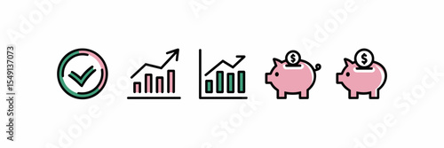 Row of modern vector icons for budgeting tools with checkmark, graph, and piggy bank