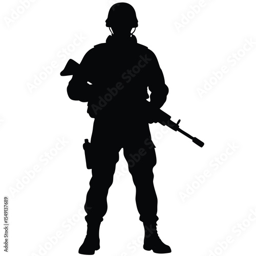 Silhouette of a soldier standing with a rifle ready for combat in a modern military