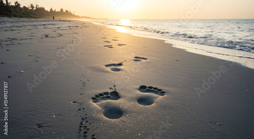 Wallpaper Mural Trail of footprints in the sand leading to the ocean at sunrise on a peaceful beach Torontodigital.ca