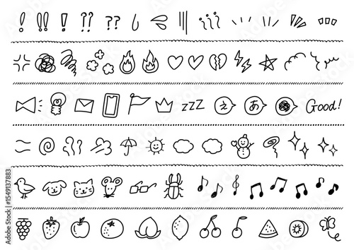 漫符や動物、フルーツのイラスト、あしらい