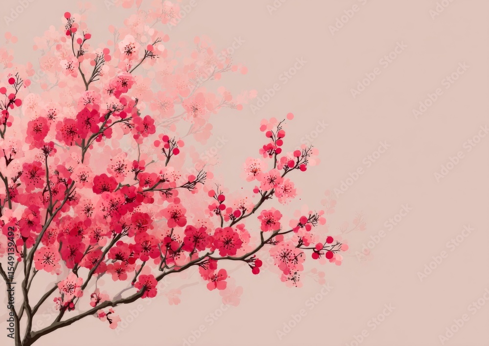 Fototapeta premium Pink And Red Cherry Blossoms On Branches Against A Light Pink Background