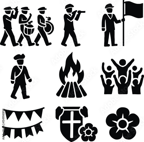 Black silhouette icon set for Orangemen's Day (The Twelfth). Solid black vector pictograms featuring marching band, drum, flute, flag, parade, historical uniforms, bonfire, crowd, celebration banners,
