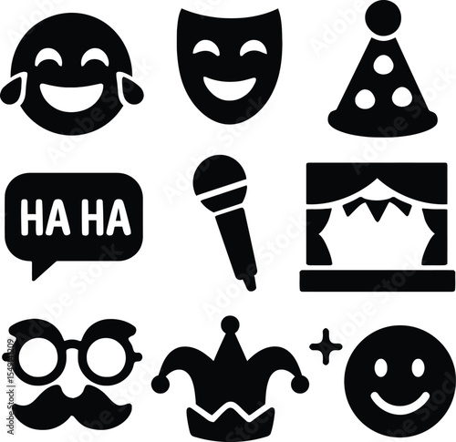 Black silhouette icon set for International Joke Day. Solid black vector pictograms featuring laughing emoji, comedy mask, clown nose, jester hat, joke bubble, stand-up mic, whoopee cushion, cartoon 