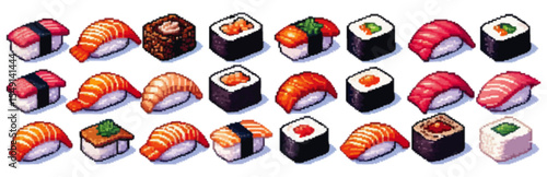 Isometric pixel art illustration featuring various types of sushi rolls and nigiri.