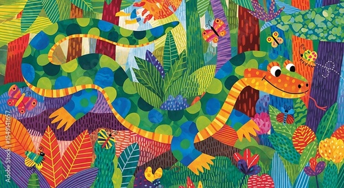 Vibrant Jungle Lizard in a Colorful Collage
